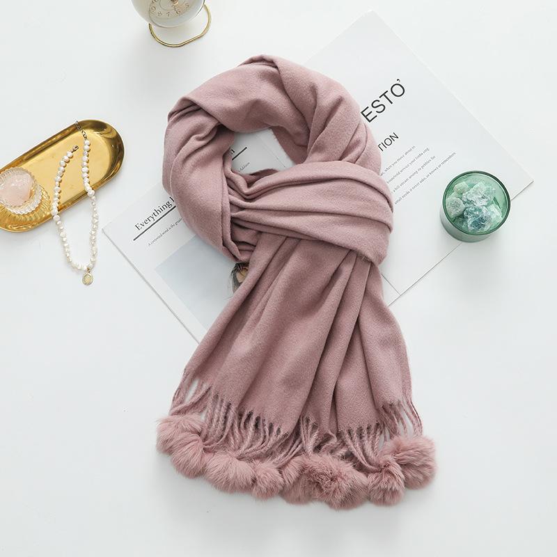 Cashmere Wool Scarf Women's Autumn and Winter High End Solid Color Ball Scarf Versatile Shawl Wool Ball Imitation Cashmere Scarf