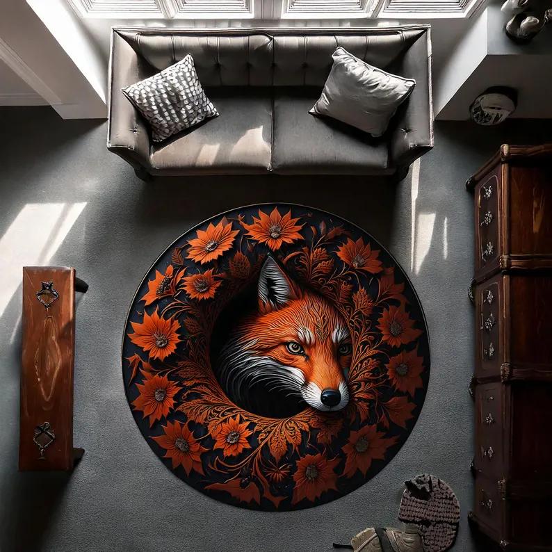 Lodestar Unisex Visual Three-Dimensional Circular Carpet Fox Bear Elk Floor Mat Entrance Bedroom Bedside Sofa Carpet Home Decoration Rug