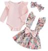 European & American Pastoral Style Infant Romper 3-Piece Set: Bow Floral Suspender Skirt