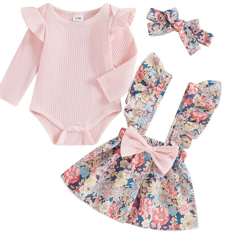 European & American Pastoral Style Infant Romper 3-Piece Set: Bow Floral Suspender Skirt