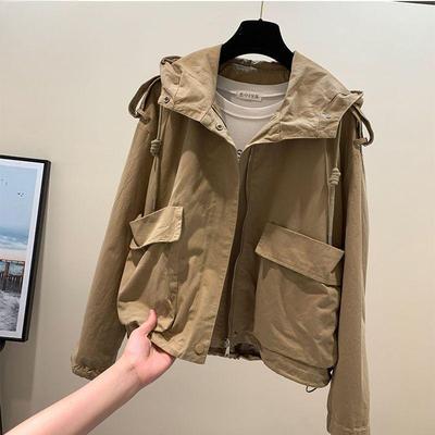 Loose Fit Short Windbreaker for Women, Solid Color Hooded Coat for A Comfortable and Casual Look In Autumn and Spring