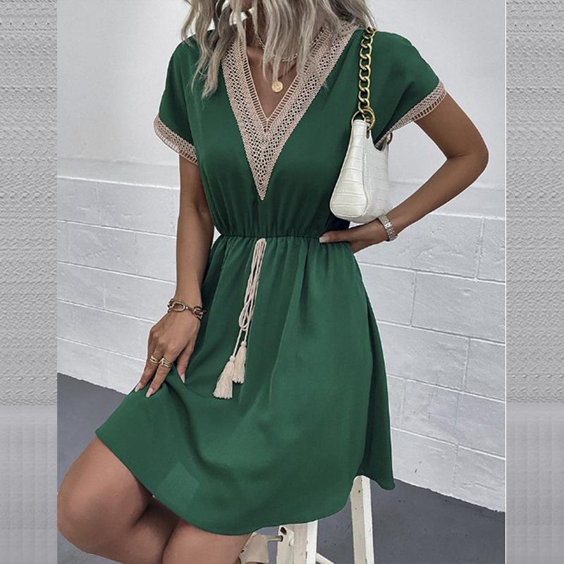 Spring V-Neck Smocked Dress - Lace Trim Short Sleeve Solid