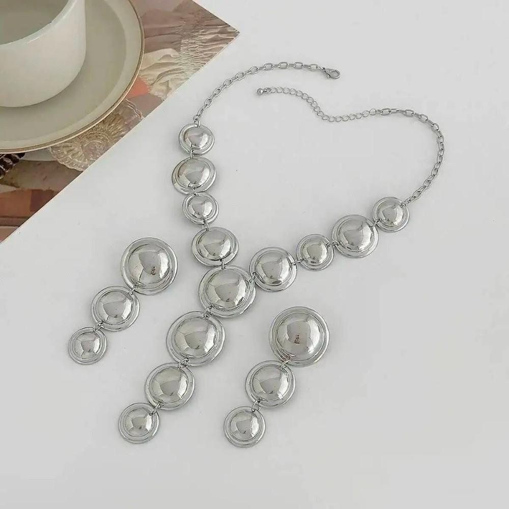 Exaggerated Drop Earrings Y-Shaped Necklace Earrings Round Pendant Necklace Women Jewelry Set