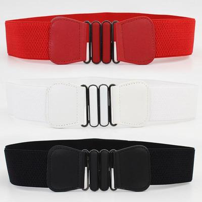 Women's Double Oval Interlock Elastic Waistband Belt - 5CM Stretch Leather Dress Accessory