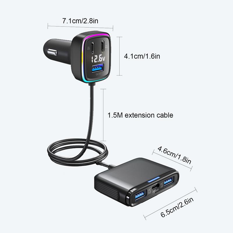 Car Outlet Adapter Automobile Charger Multiport 115W 6-Port Car Phone Adapter Voltage Display 1.5m Extention Pd&Qc 3.0 Type C