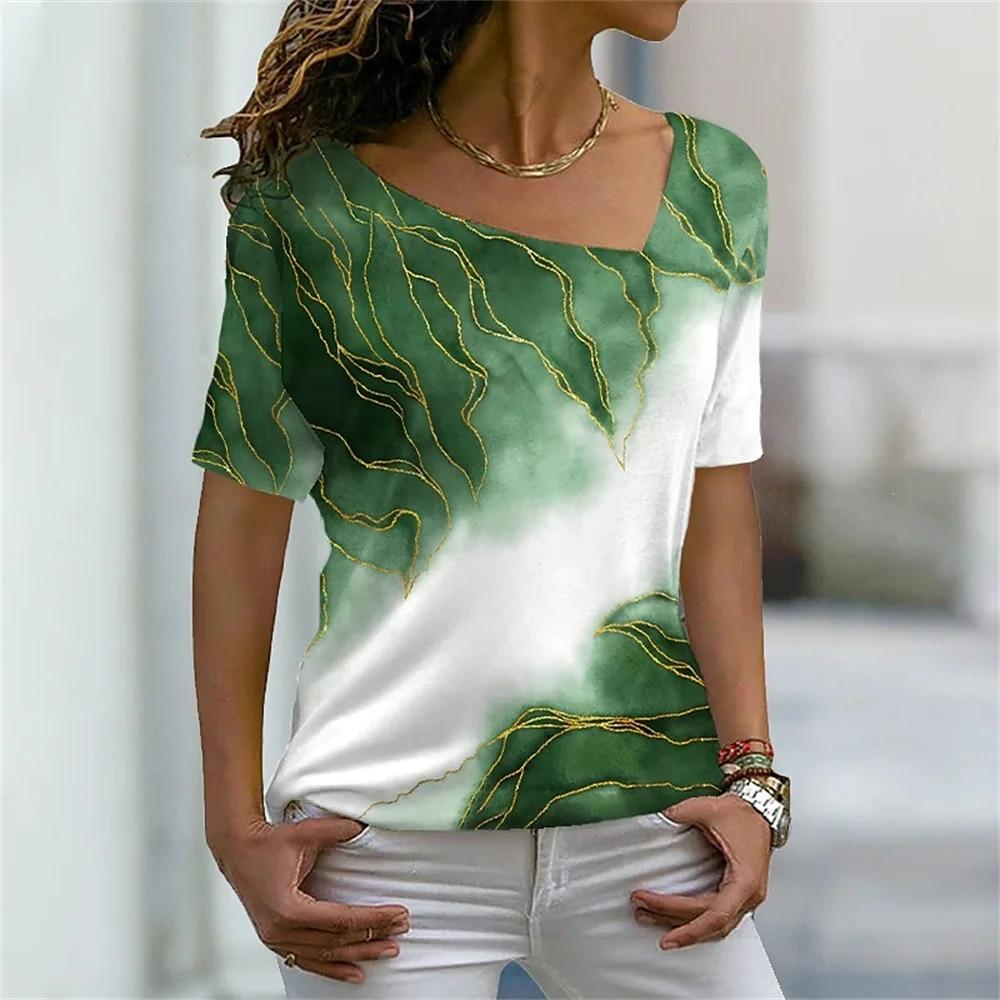 Women's 3D Flower Pattern T-shirt Irregular V-neck Design Y2k Fashion Trend Summer Short Sleeve Sexy Neckline Tshirts 2023