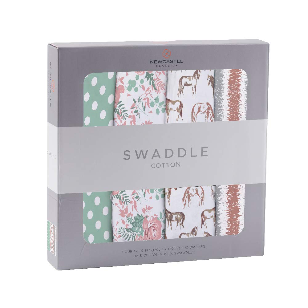 Newcastle Classics Cotton Muslin Swaddles Japanese Soft and Fluffy Horses 120cm X Ages (Official Product) - Blankets, & Roses, 120cm, 0+ Months,