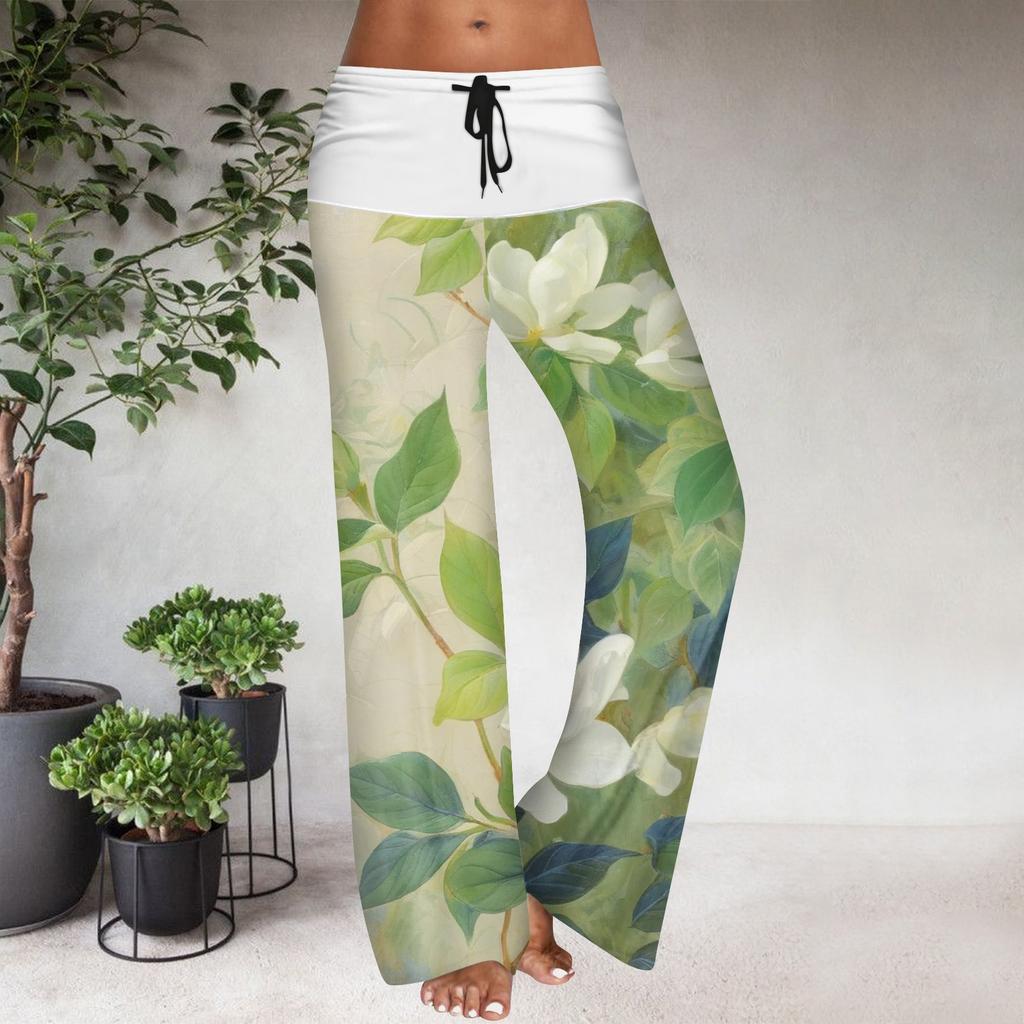 Pantaloni Casual Largi cu Talie Elastică cu Șnur pentru Femei, cu Imprimeu Floral și Blocuri de Culoare