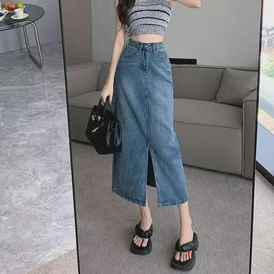 Women's High-Waist A-Line Denim Skirt - 2024 Spring/Autumn Collection, Mid-Length with Slit Design