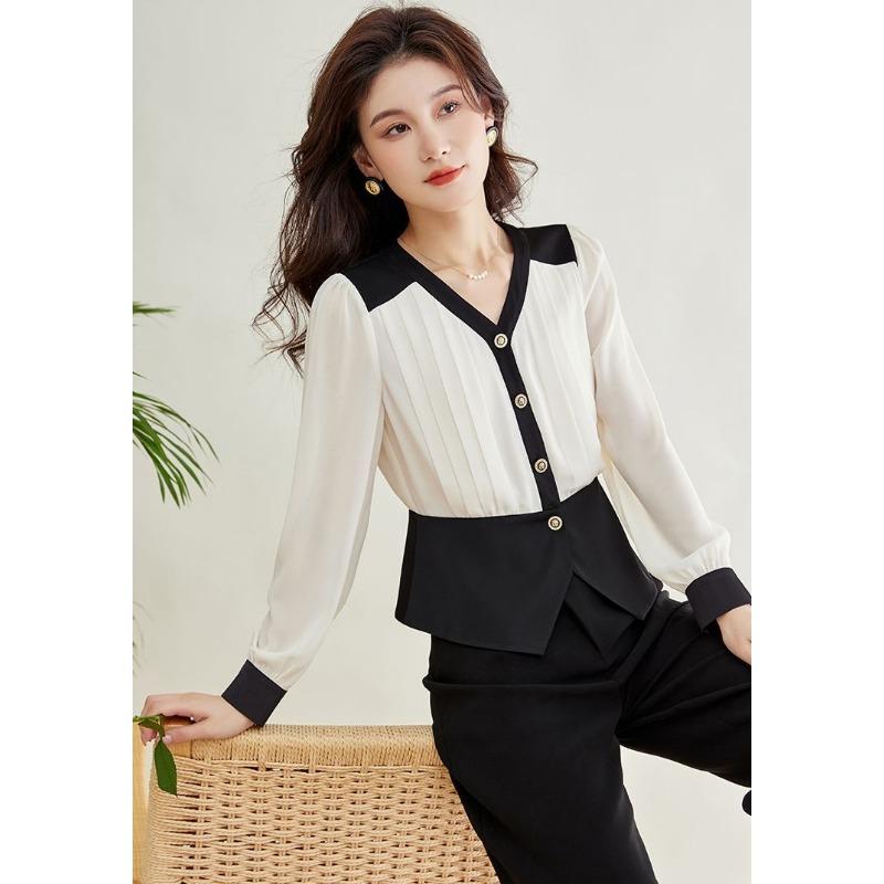 Slimming Waist To Make You Look Fashionable Contrasting Color and Temperament V-neck Chiffon Shirt for Women