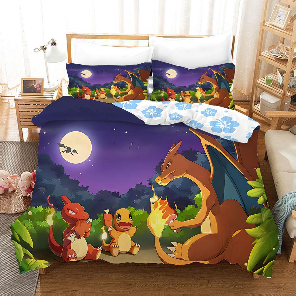 Pokemonzd 3Pcs Duvet Coverskids Cartoon Bedding Set Quilt Cover Twin Full Bedroom Bed  King Size  Decor For Teens Best Gifts
