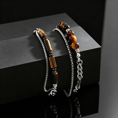High Quality Tiger Eye Stone Bracelet for Men, Natural Stone Stainless Steel Cuban Chain Splicing Bracelet,Retro Fashion Jewelry