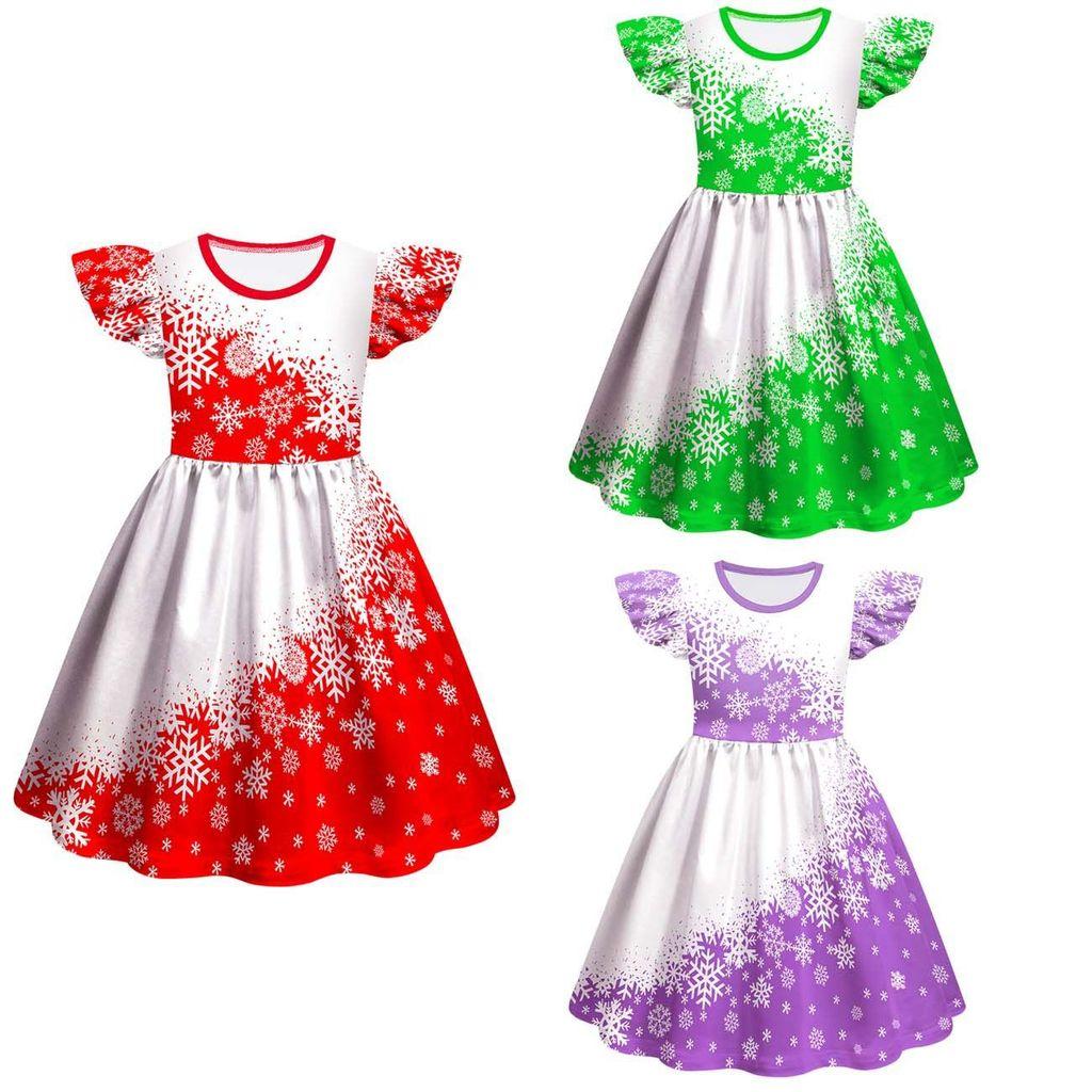 Kids Girls Cartoon Santa Claus Christmas Tree Snowflake Print Ruffle Sleevess New Year Dress