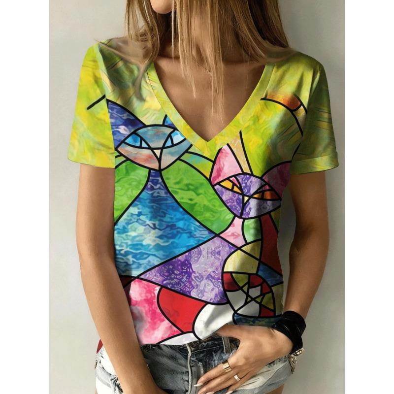 Women's Summer Casual V-neck Short-sleeved T-shirt, with Fashionable 3D Print, Suitable for Outings or At Home