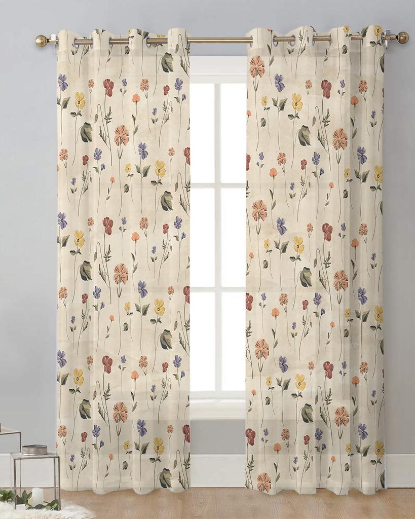 Retro Floral Wildflowers Sheer Curtains for Living Room Decoration Window Curtains for Kitchen Tulle Voile Organza Curtains