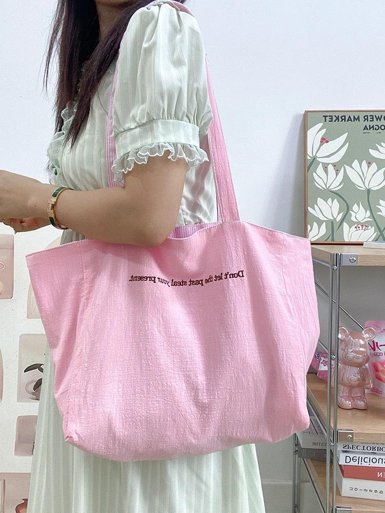 Large Capacity Letter Shoulder Bag Double Sided Back Striped Tote Bag Fashion Versatile Canvas Bag