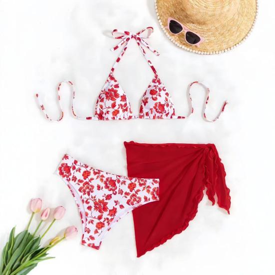 3Pcs/Set Swimsuit Set Halter Chest Pads No Underwire Bra Swimming Briefs Sheer Trim Cover Up Skirt Set Floral Print Split Swimsuit