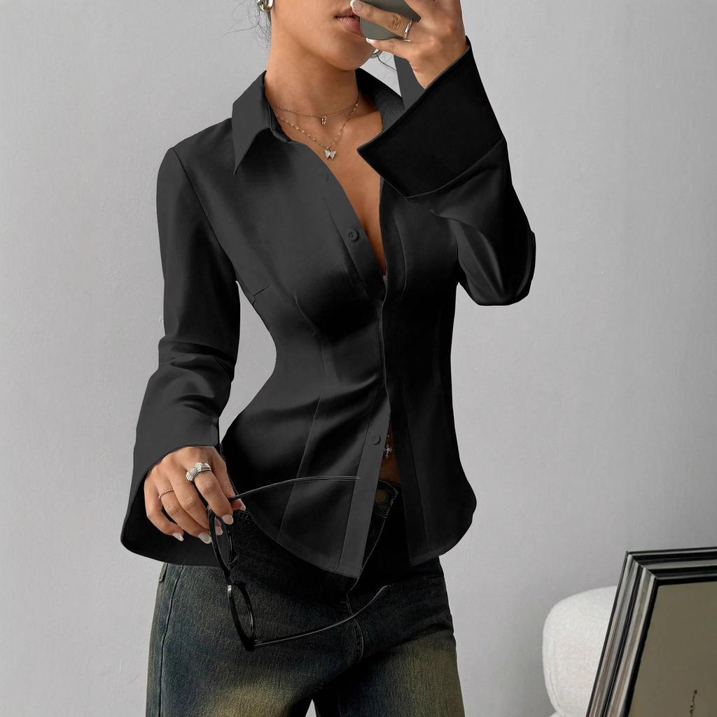 Women Collared Slim Fit Shirt Long Sleeve Button Down Elegant Casual Office Top