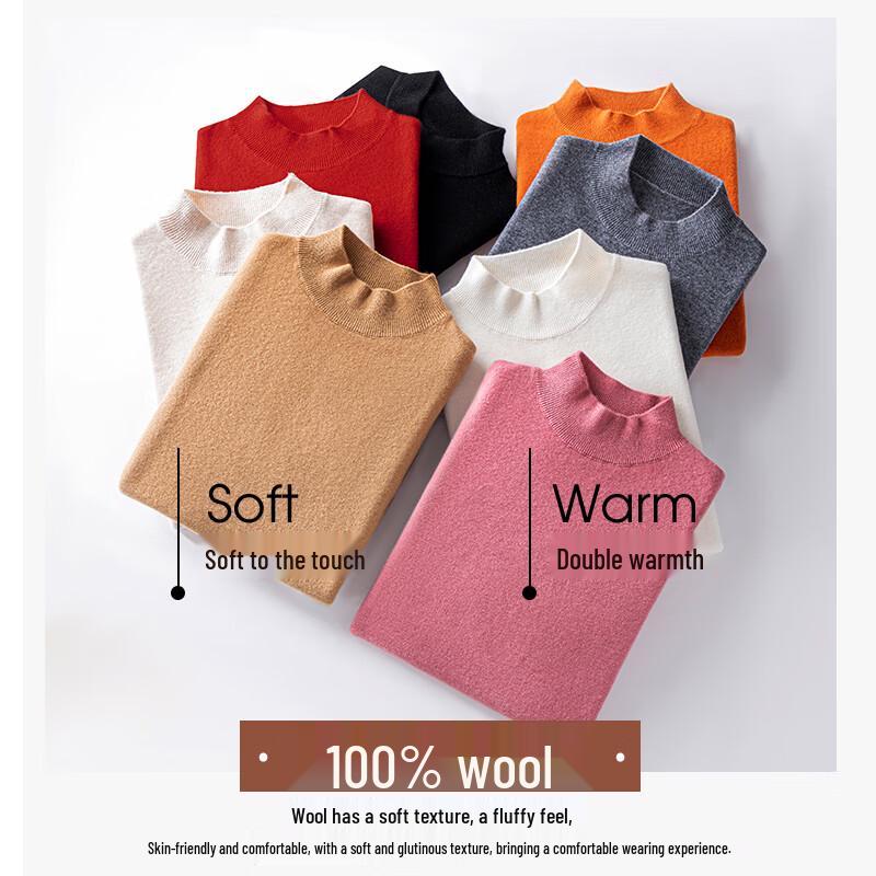 Hengyuanxiang Women's 100% Pure Wool Thick Half-High Collar Sweater