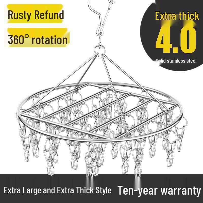 Round Windproof Clothes Drying Rack with Stainless Steel Clips and Hanging Hook
