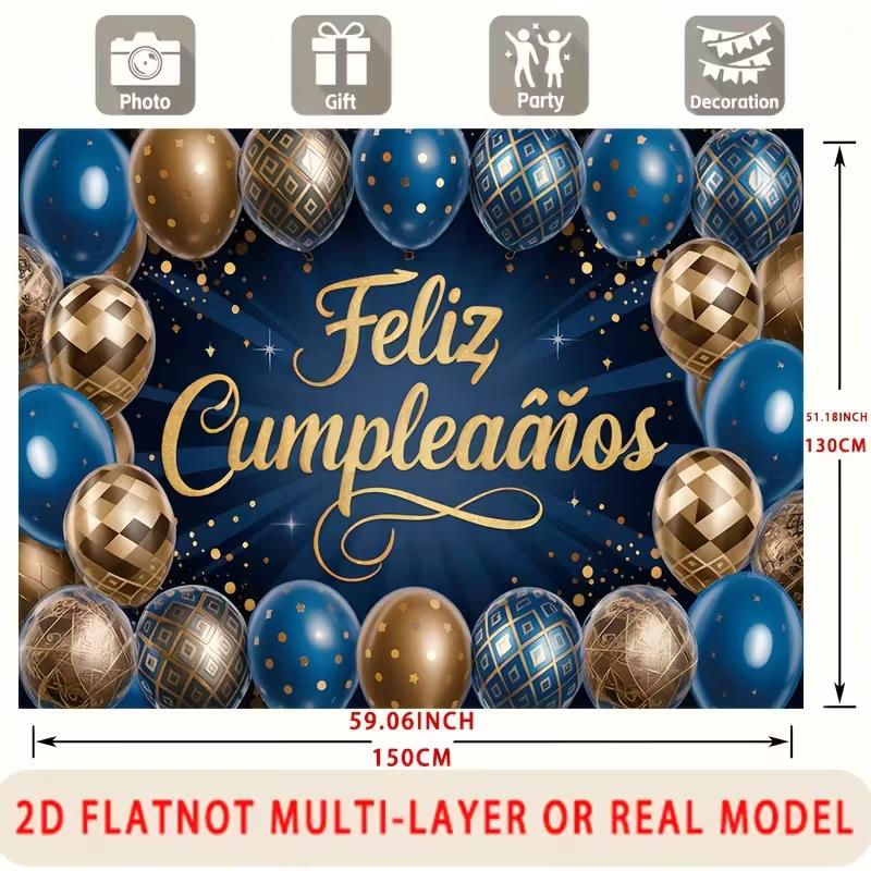 

2D Elegant Feliz Cumpleaños Backdrop, Navy Gold Balloons Photo Booth Background 47.2x31.5inch/120*80cm