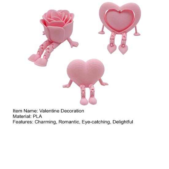 3 Pcs 3D Printed Valentine's Day Decoration Articulated Pink Heart Rose Figurine with Flexible Legs for Office Home Shelf Decor Lovers