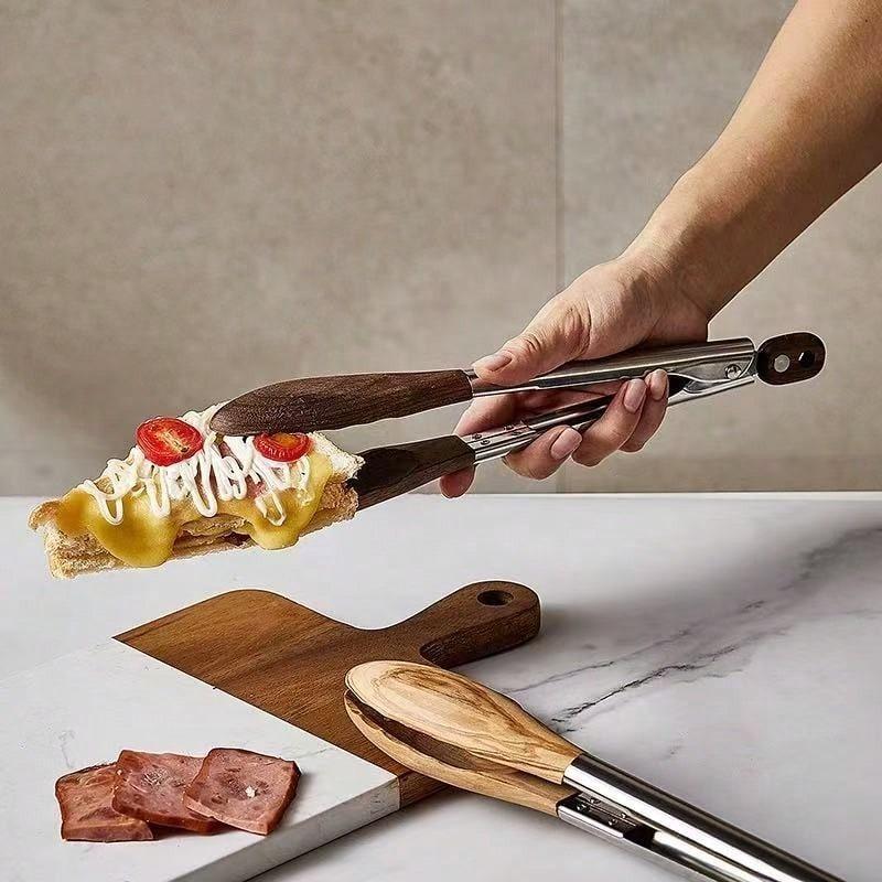 Stainless Steel Food Clip Walnut Wooden Handle Multifunctional Heat-Resistant Tongs Anti-Scald Kitchen Tool for Grilling Frying