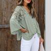 V-neck 3/4 Flared Sleeve Solid Color Single Breasted Women Blouse Hollow Out Lace Stitching Loose Shirt Top