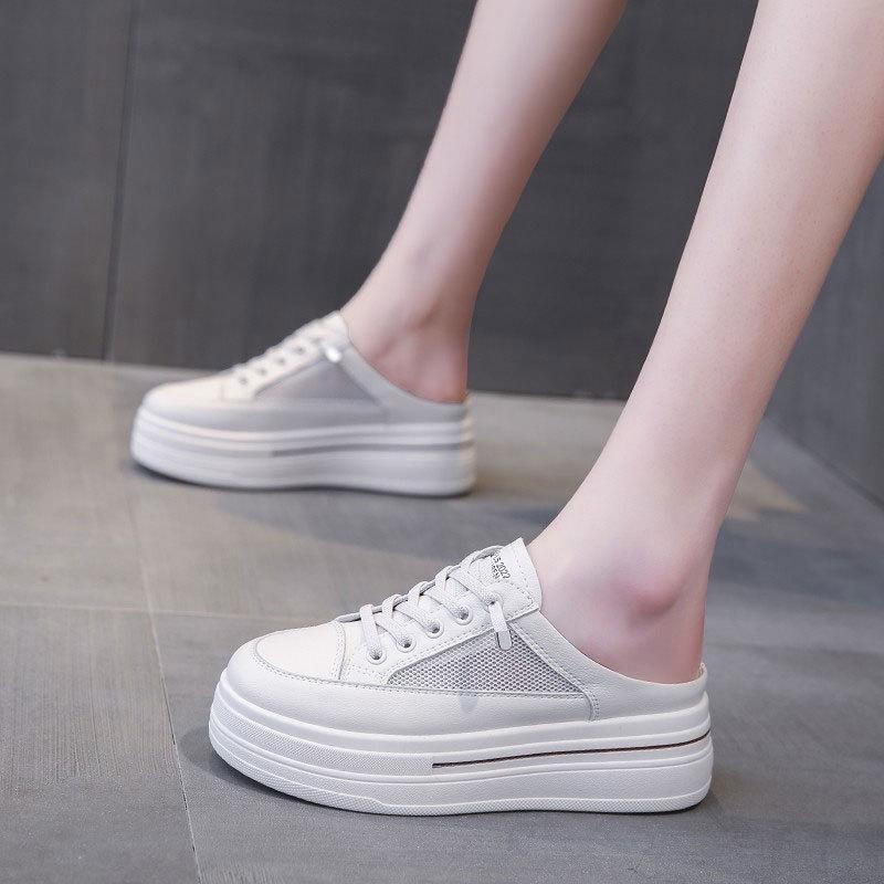Thick-soled Bag Head Half Slippers Women's 2025 Summer Mesh Breathable One-pedal Lazy Shoes Inner Height Increase Inner Height Increase Design