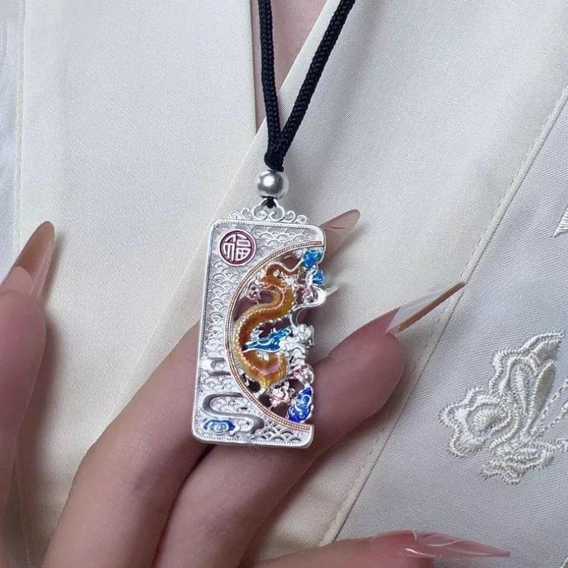 Enamel color dragon and phoenix Chengxiang no matter brand pendant necklace engraving auspicious cloud blessing characters to send Qixi Festival gifts