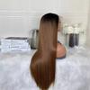 Womens 13x4x1 T-Part Lace Front Wig Synthetic Long Straight Hair Brown Ombre Middle Part