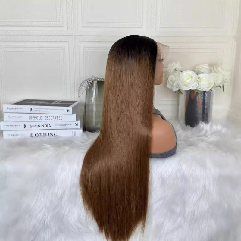 Womens 13x4x1 T-Part Lace Front Wig Synthetic Long Straight Hair Brown Ombre Middle Part