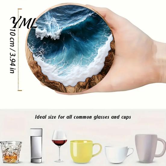 Classroom Desk Decorative Pads 4 Pcs Wooden Coasters, Ocean Wave Design Heat Resistant Round Unique Cup Mats Drink Coaster for Coffee Shop,