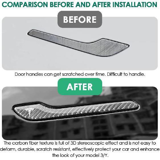 4PCS Door Handle Cover Compatible with Tesla Model 3 (-2025) Highland Model Y (-2026) Juniper Real Carbon Fiber 3D Sticker Wrap Covers Exterior Trim