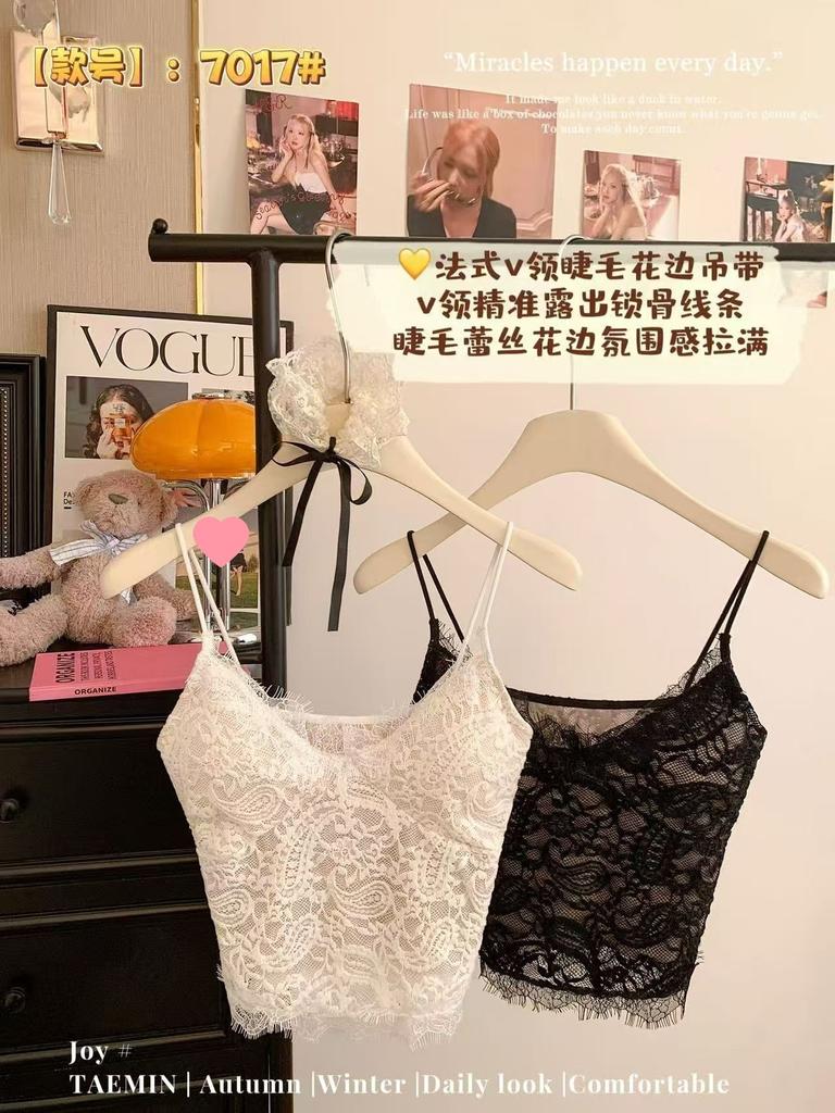 With chest pad, French V-neck eyelashes lace suspender short vest women's inner back top summer