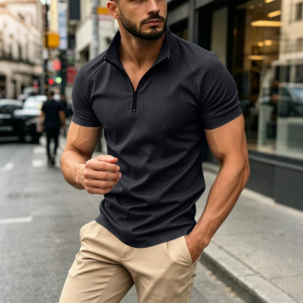 Men’s Casual Short Sleeve Zip Up Ribbed Top Lightweight Stand Collar Pullover Comfortable Relaxed Fit Shirt for Daily Wear