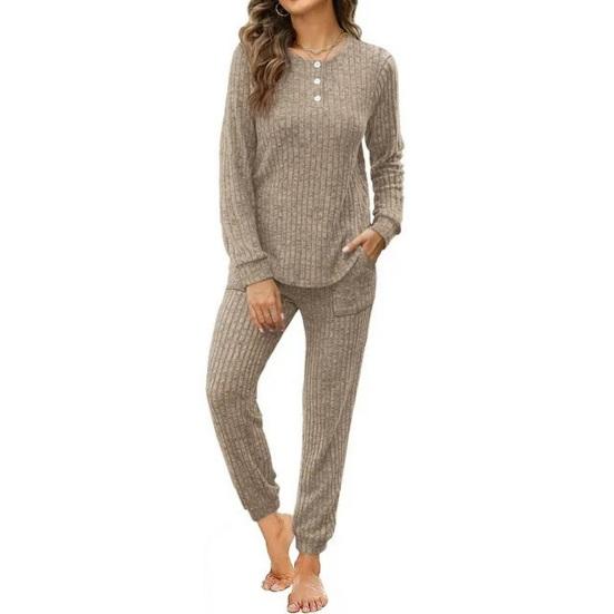 Women's Ribbed Knit Outfits 2 Piece Long Sleeve Pajama Set Fall Casual Sweatshirt And Joggers Lounge Set