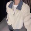 Women's Casual Cashmere Knit Denim Lapel Cardigan with Double Zipper