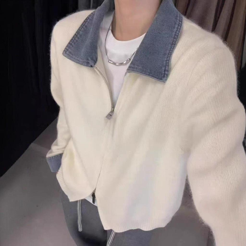 Women's Casual Cashmere Knit Denim Lapel Cardigan with Double Zipper