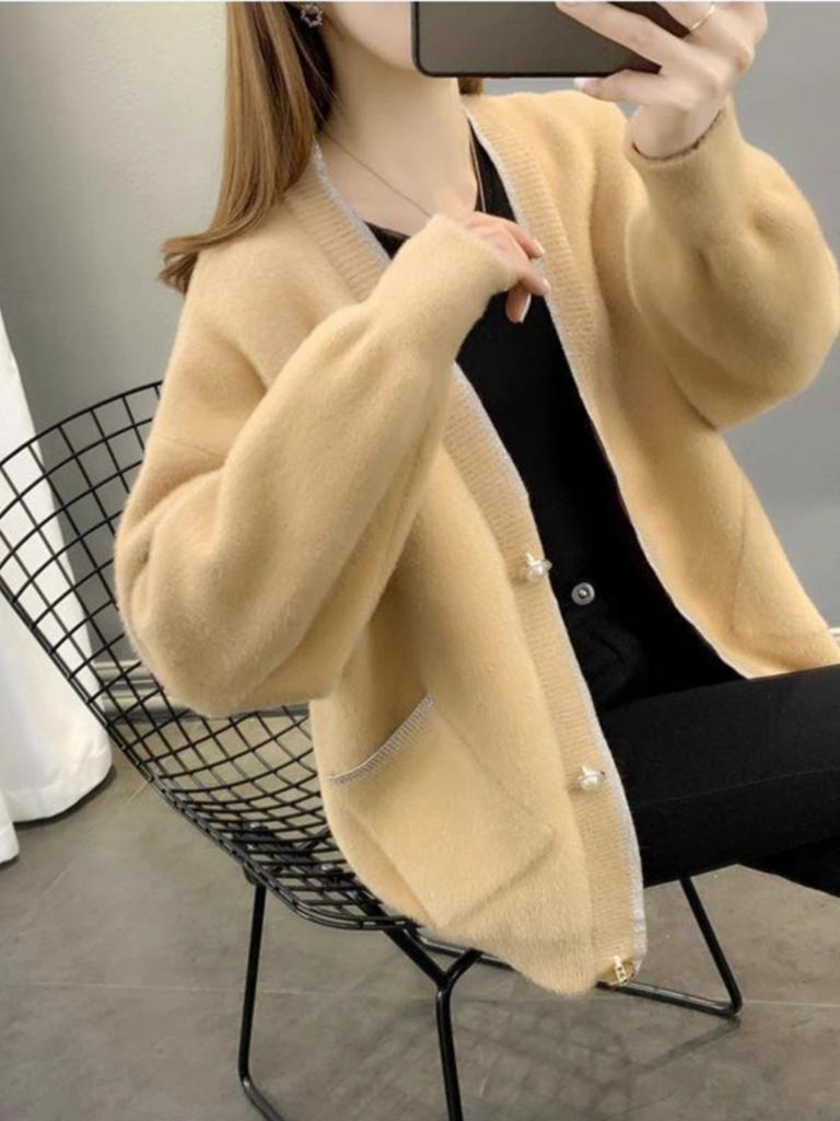 Autumn and Winter Solid Color Knitted Women's Imitation Mink Fleece Cardigan Sweater Women's New Thickened Loose Coat Top