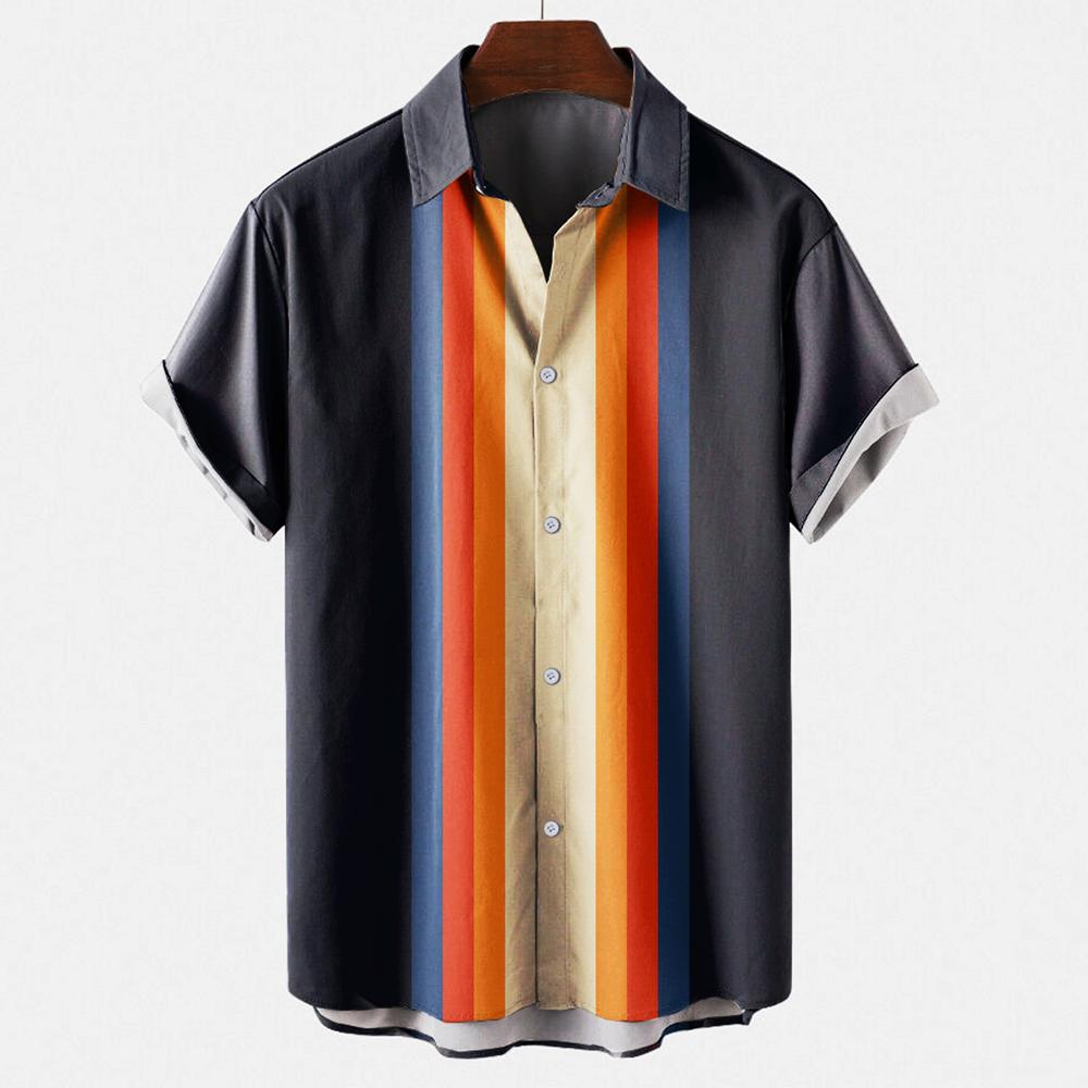 Men's Hawaiian Beach Short Sleeved Striped Shirt 3D Printed Loose Street Fun Men's Top Fashion Casual Simple Pocketless Shirt