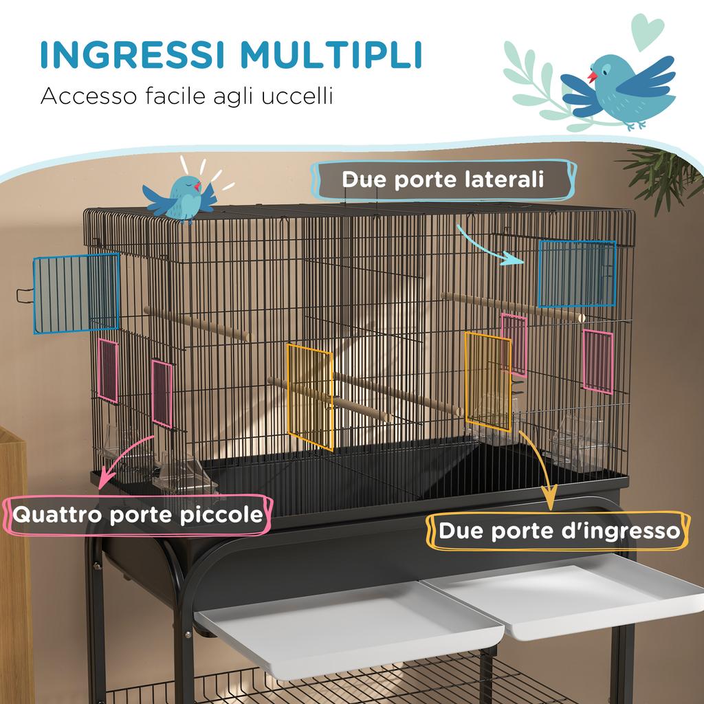 Indoor Bird Cage with Tray, Shelf and Wheels with Brakes, 85x49x119 Cm, Black