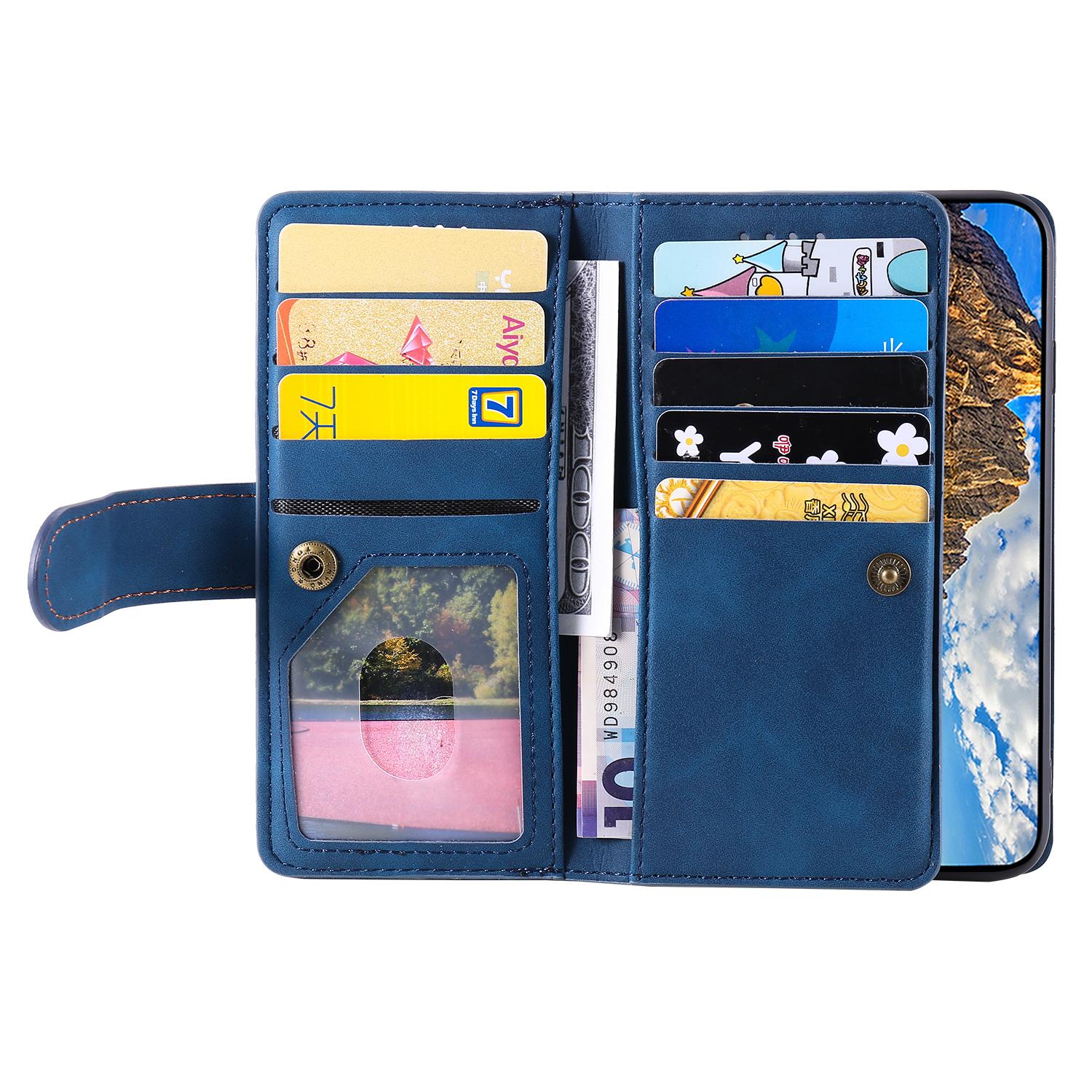 

For iPhone 16e Case PU Leather Phone Cover with Zipper Wallet 9 Card Slots Blue