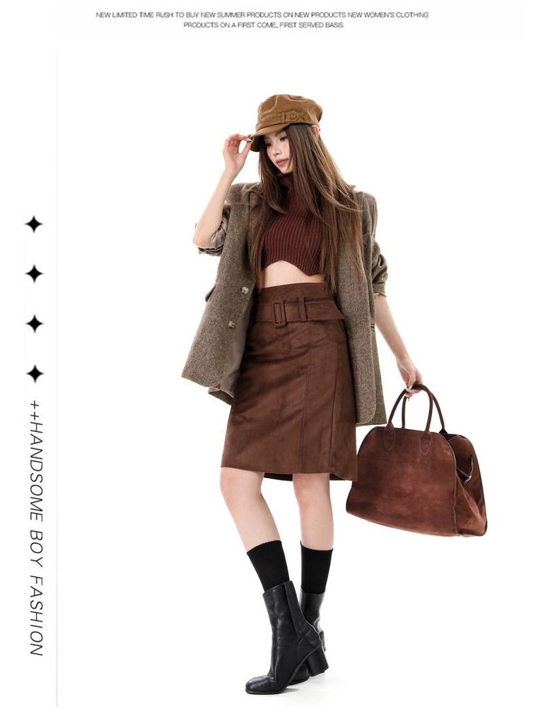 American Retro Suede Women's High Waist Slimming Bodycon Skirt for Autumn/Winter 2025