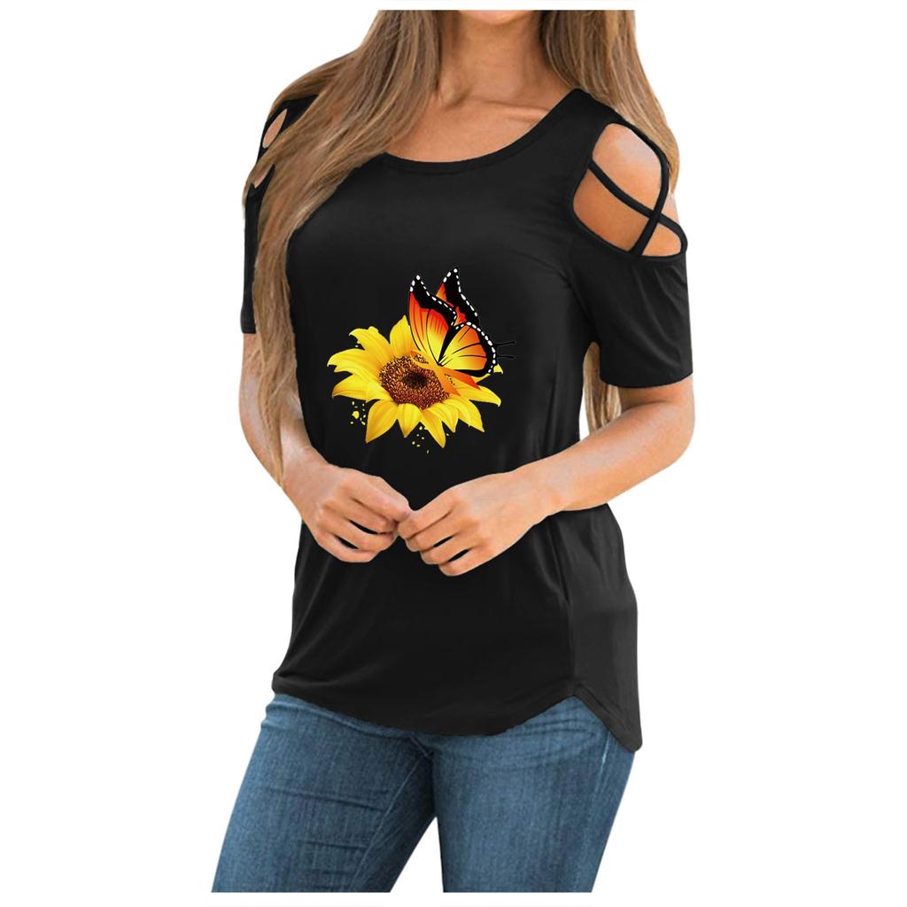 Women Tie-dye  Fashion Printed Colorful  Short Sleeve Strappy Cold Shoulder Top