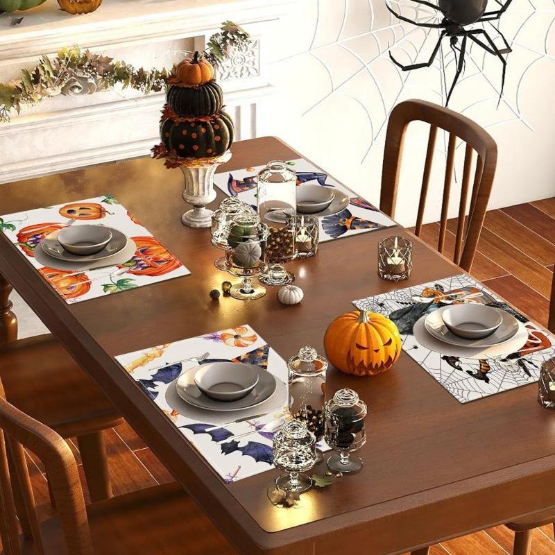 4PCS Halloween Place Mats Set Square Table Mats Machine Washable for Autumn Party and Kitchen Decor