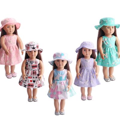 2pcs Doll Clothing Suit Flower Printing Dress + Hat for 18 Inch Doll
