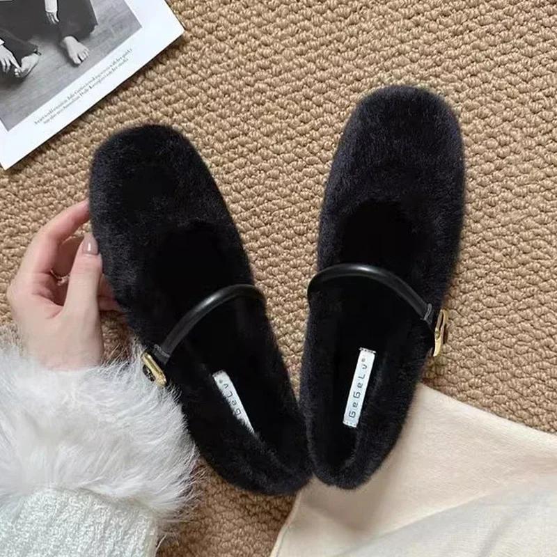 2025 Fur Flats Ballet Dance Shoes Casual Short Plush Boots Fashion New Shallow Square Toe Zapatos Dress Walking Designer Shoes
