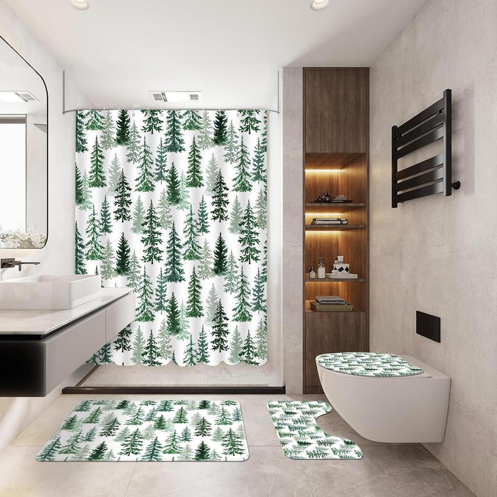 4Pcs Bathroom Shower Curtain Set Christmas tree Bathroom Curtain With 12 Hooks Non Slip Rugs Toilet Cover Mat Bathroom Partition