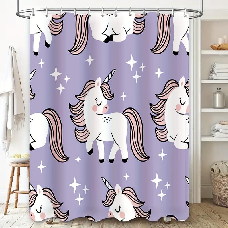 Little Unicorn Shower Curtain Purple Unicorn Bathroom Decor Kids Cute Bath Mat Home Decor Ideas For Girl'S Room Waterproof Fabri